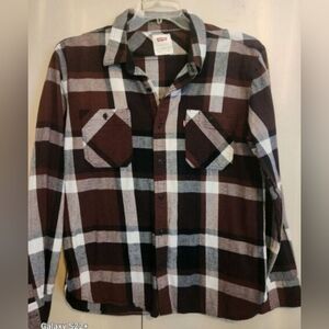 M18 Levi Strauss & Co Burgundy/White Plaid Flannel Shirt W Pockets Long Sleeved